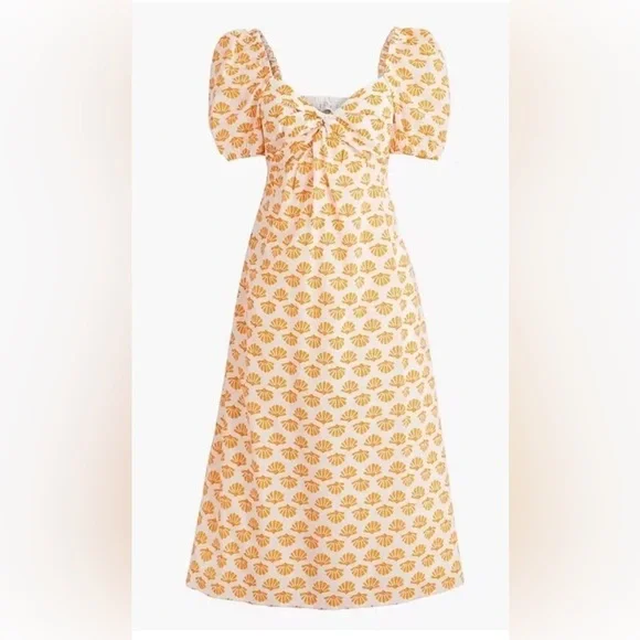 JCrew Orange White Flower Midi Ruffle Puff Sleeve Dress - Picture 2 of 9